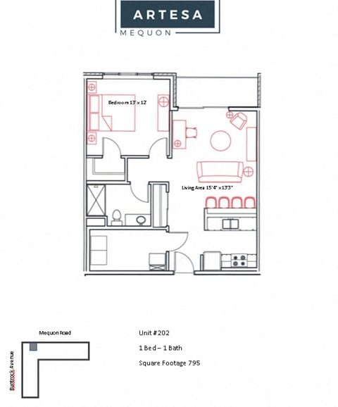Floor plan for 1 bed, 1 bath, 795 sqft